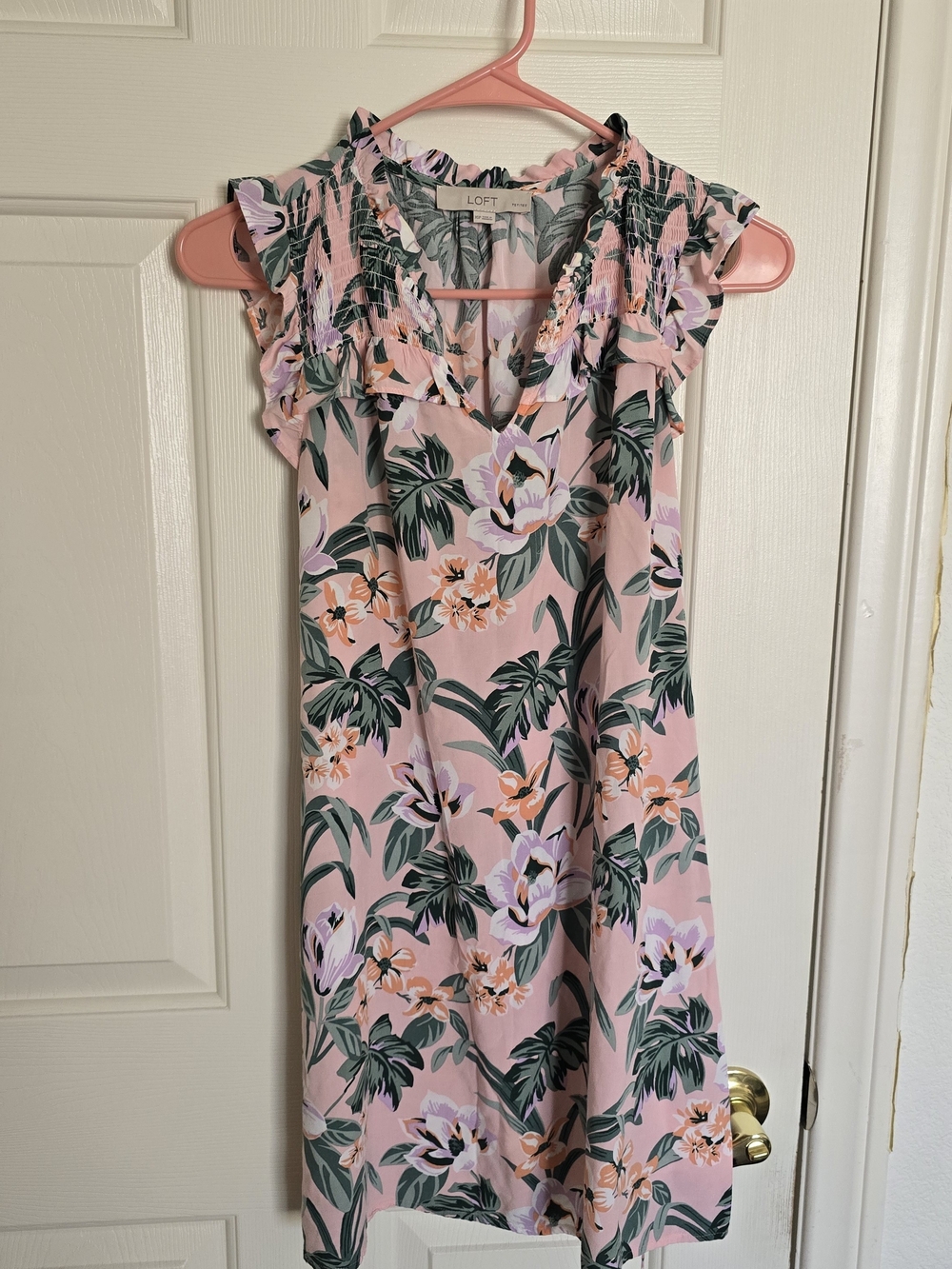 LOFT Pink Floral Ruffle Neck Sleeveless Dress